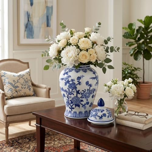 Decorative Ginger Jar for Home Decor – Ceramic Jar With Lid, Chinoiserie Pattern, Large Tabletop Accent for Living Room or Entry Shelf Display, Stylish Centerpiece Decor – 18", Blue & White | Amazon (US)