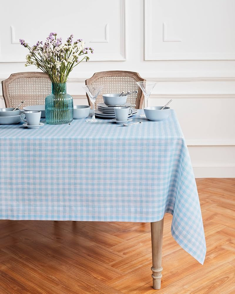 Solino Home Linen Gingham Tablecloth 60 x 90 Inch - 100% Pure Linen Blue Bell Table Cloth for Rec... | Amazon (US)