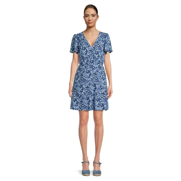 Time and Tru Women's Flutter Sleeve Faux Wrap Dress, Sizes XS-XXXL | Walmart (US)