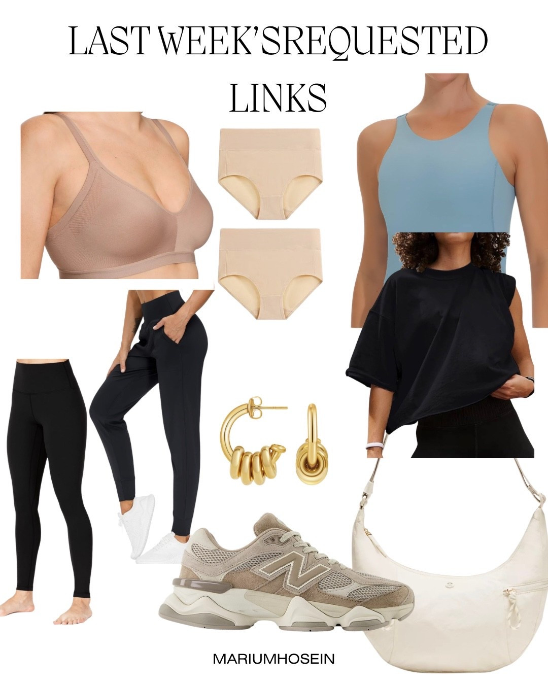 Some gym clothes which are such good quality, I’ve had them a while now, my fave lulu bag is easy on the go, new balance 9060’s are hands down the comfiest sneaker of my life, bra’s and undies I swear by! True to size in all 