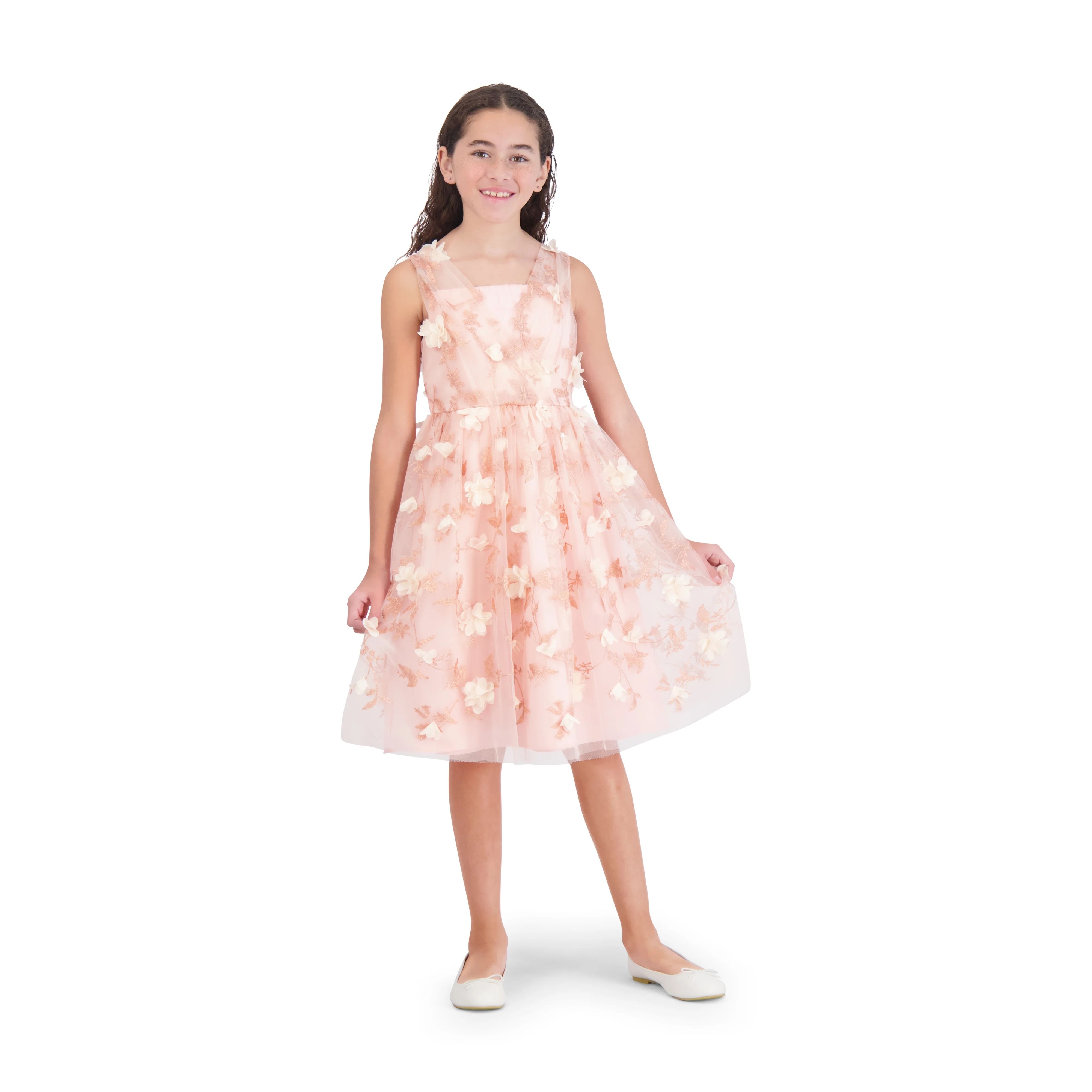 Wonder Nation Girls 3D Metallic Embroidery Mesh Dress, Sizes 4-16 & Plus | Walmart (US)