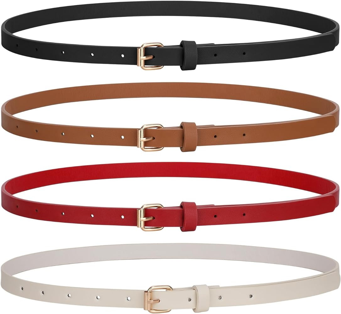 JASGOOD 4 Pack Skinny Women Leather Belt for Dresses Thin Waist Belt for Jeans Pants with Gold Bu... | Amazon (US)