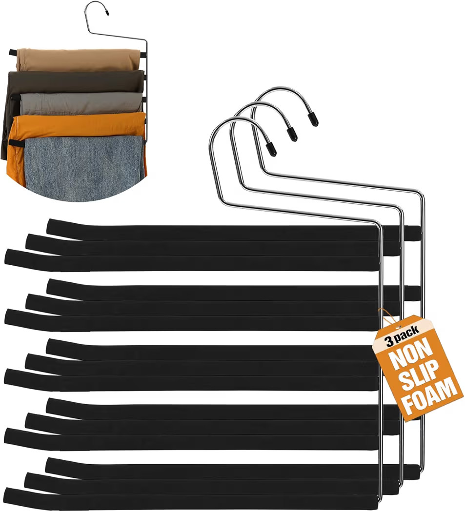Multi Layer Space Saving Non Slip Tiered Foam Padded No Creases Pants Hangers 5 Tier Steel Open E... | Amazon (US)