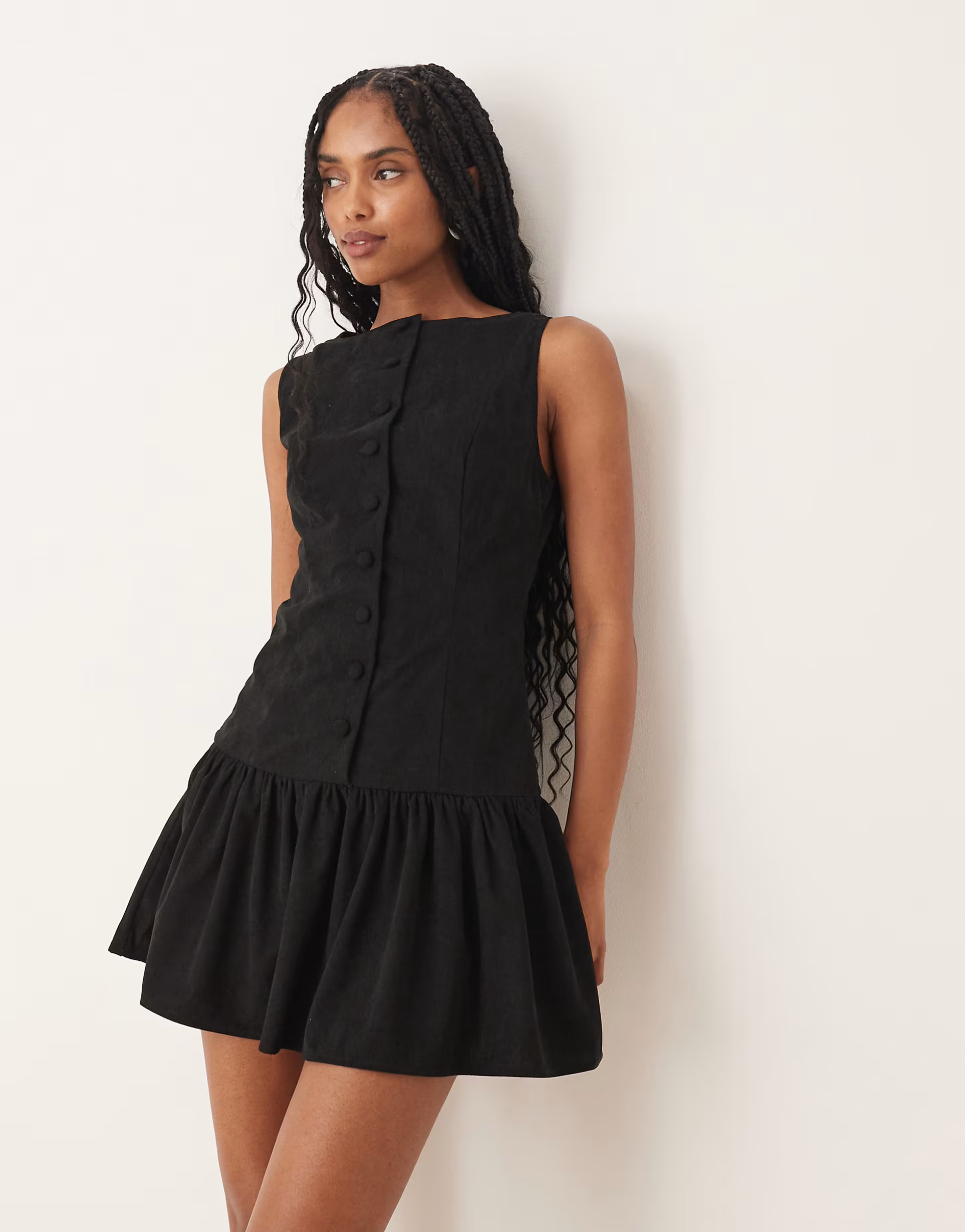 ASOS DESIGN cord slash neck button down dropped waist mini dress in black | ASOS (Global)