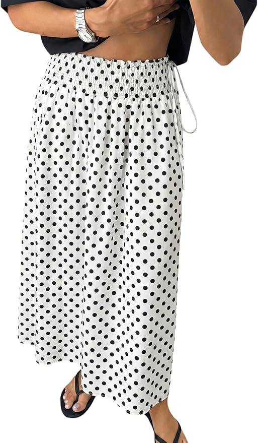 Tankaneo Womens Polka Dot Maxi Skirts Boho Smocked High Waisted Tie Skirt | Summer Long Skirt,Cas... | Amazon (US)
