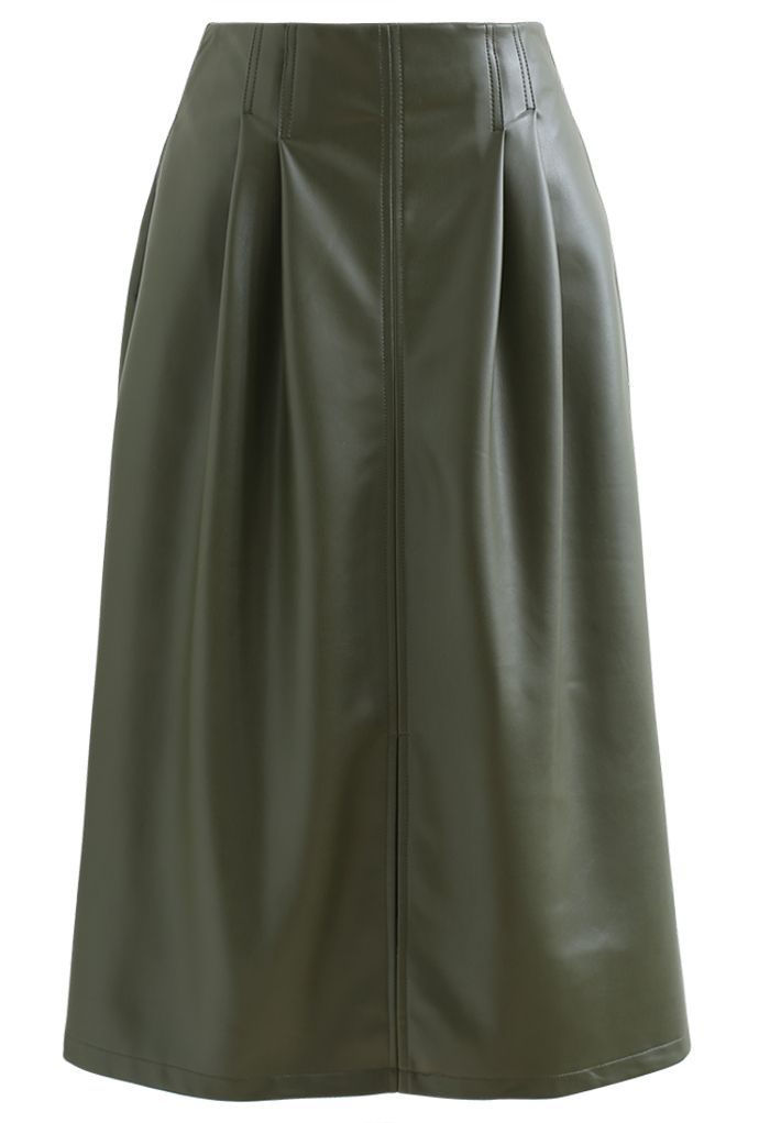 Faux Leather Slit Hem Midi Skirt in Dark Green | Chicwish