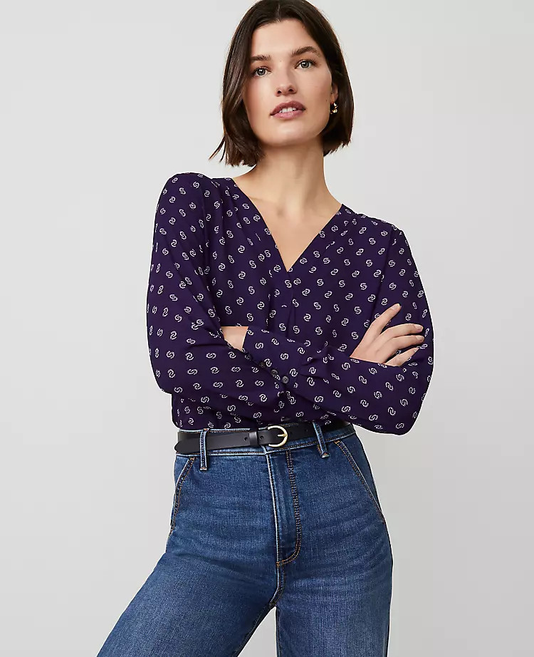 Mixed Media Chain Link Print Pleat Front Top | Ann Taylor