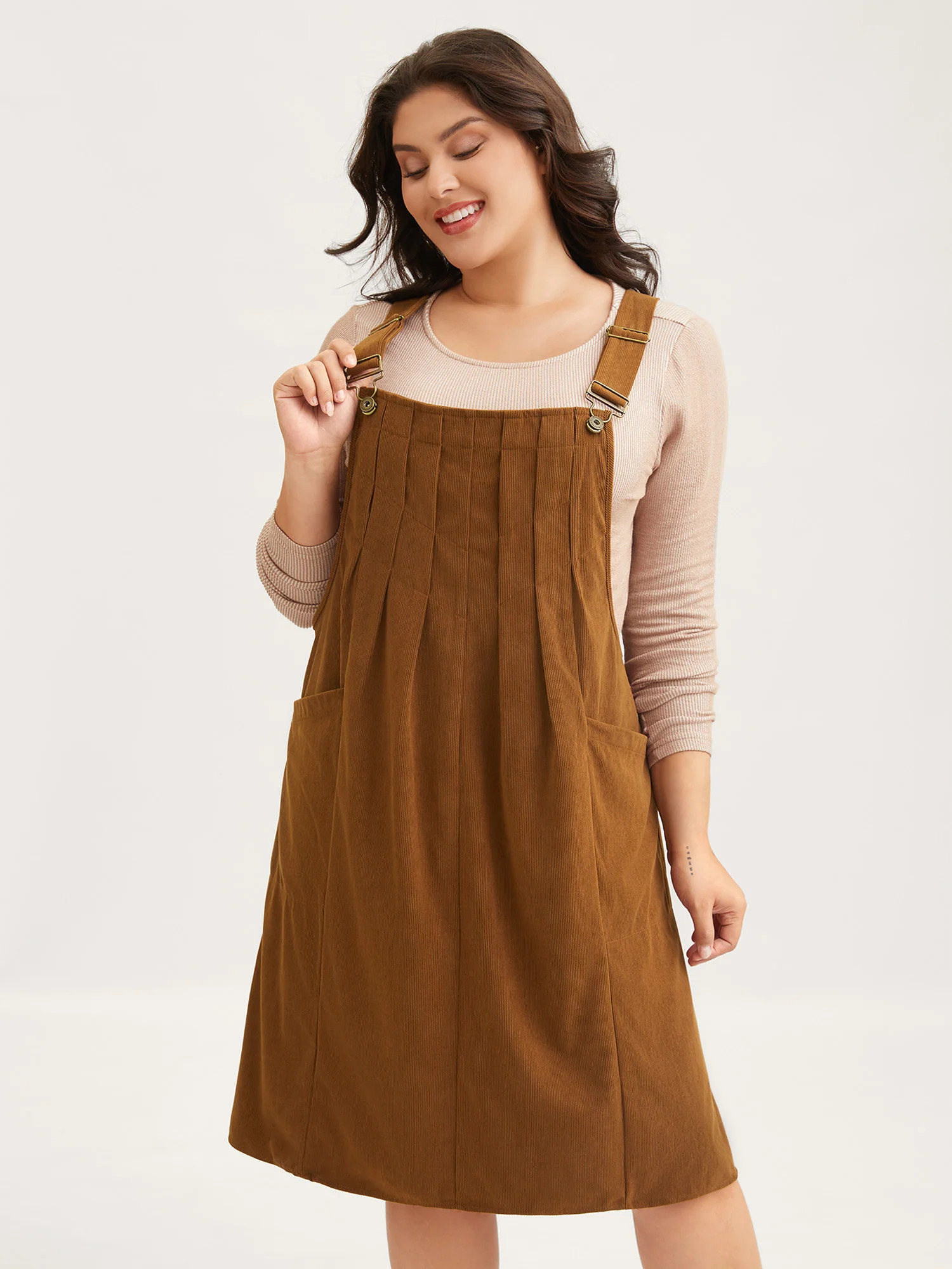 Solid Corduroy Pleated Overall Dress | Bloomchic