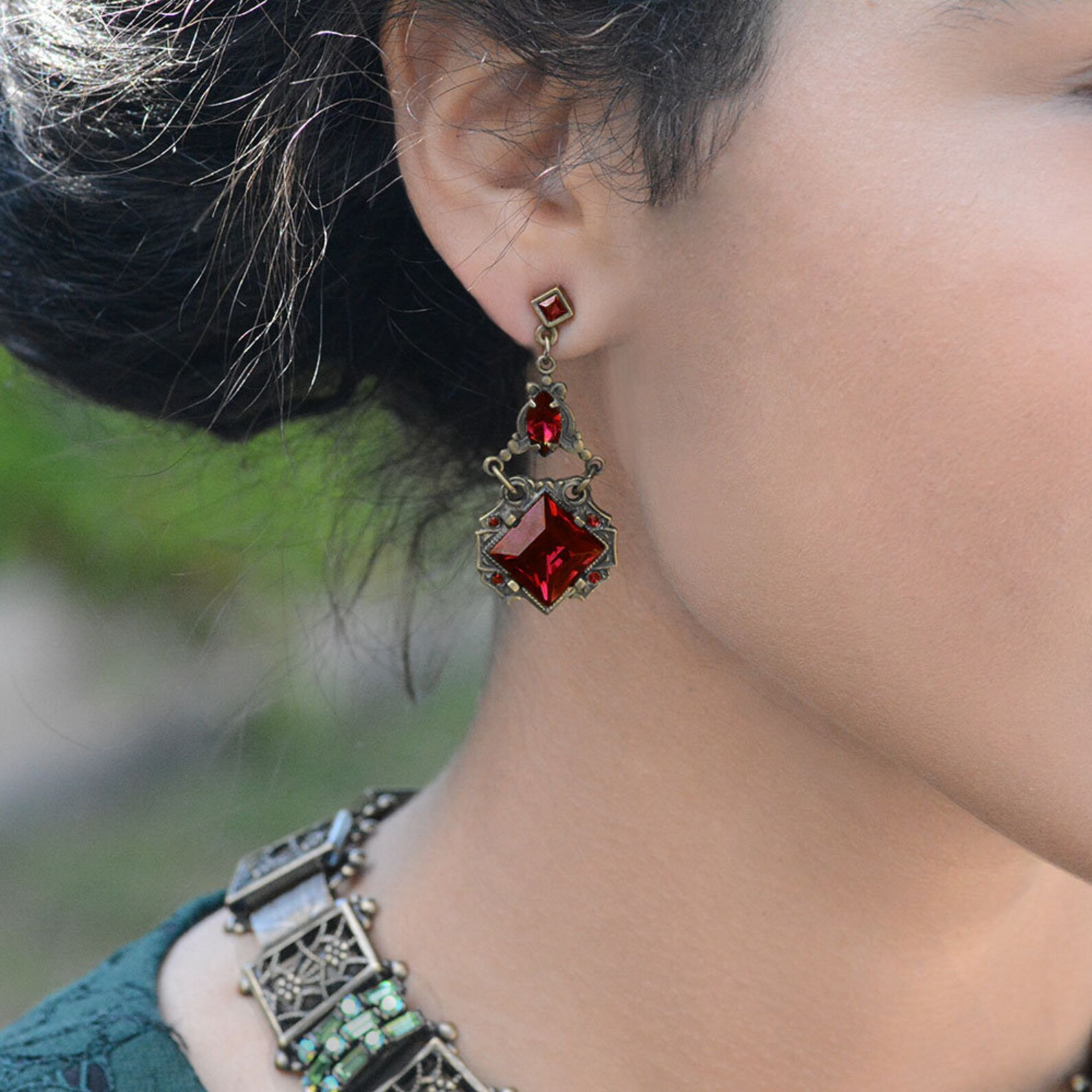 Art Deco Garnet Glass Earrings: Vintage Czech Jewelry - Etsy | Etsy (US)