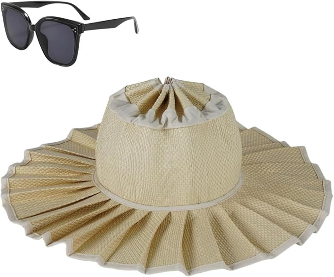Women's Straw Reversible Pleated Sun Hat,Foldable Wide Brim Beach Hat,Summer Outdoor Travel UV Pr... | Amazon (US)