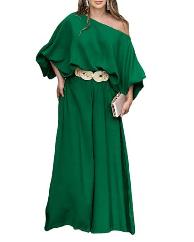 CHICME Women Summer 2 Piece Outfits Off Shoulder Lantern Sleeve Top Flowy Wide Leg Pants Set Vacation Beach Travel Outfits Dark Green-XL | Amazon (US)