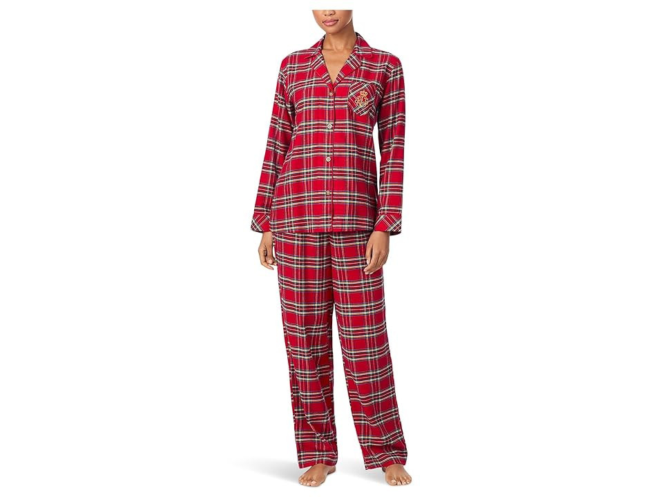 Lauren Ralph Lauren Long Sleeve Brushed Twill Notch Collar PJ Set Women's Pajama Sets Red Plaid 1 : LG (US 12-14), Twill/Rayon/Cotton | Zappos