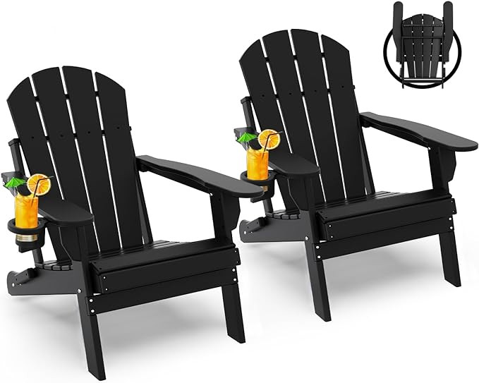 Folding-Adirondack-Chairs-Set-of-2 | HDPE Plastic | Fire Pit Chair | All Weather | Cup Holder | B... | Amazon (US)