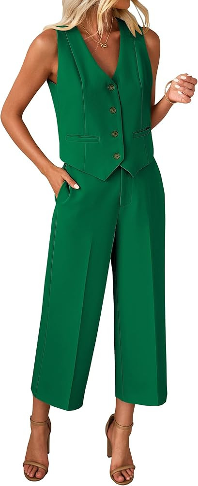 luvamia Pant Suits for Women Dressy Casual 2 Piece Sets Sleeveless Blazer Vest with Wide Leg Capr... | Amazon (US)