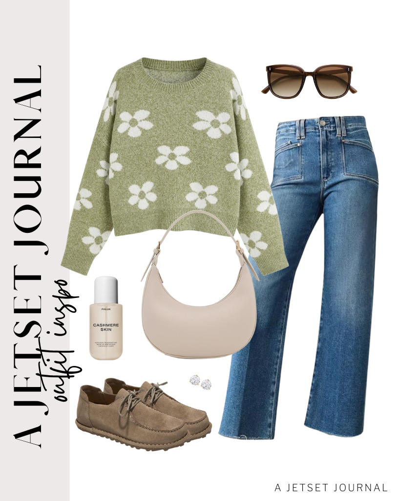 Our next outfit is a green and white CIDER floral cozy sweater paired with Astylish light-wash jeans. For this fit, you can wear these leather moccasin loafers from Project Cloud, which is the #1 bestseller in women’s Oxfords this week. This crescent bag and SOJOS sunnies are perfect for this fit, too. 

 #LTKSeasonal #LTKSaleAlert #LTKTravel