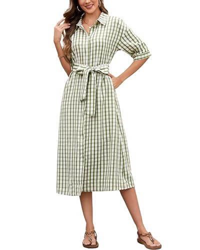 Women's Half Sleeve Plaid Maxi Dress 2026 Spring Summer Gingham Casual Button Down Long Loose Bel... | Amazon (US)