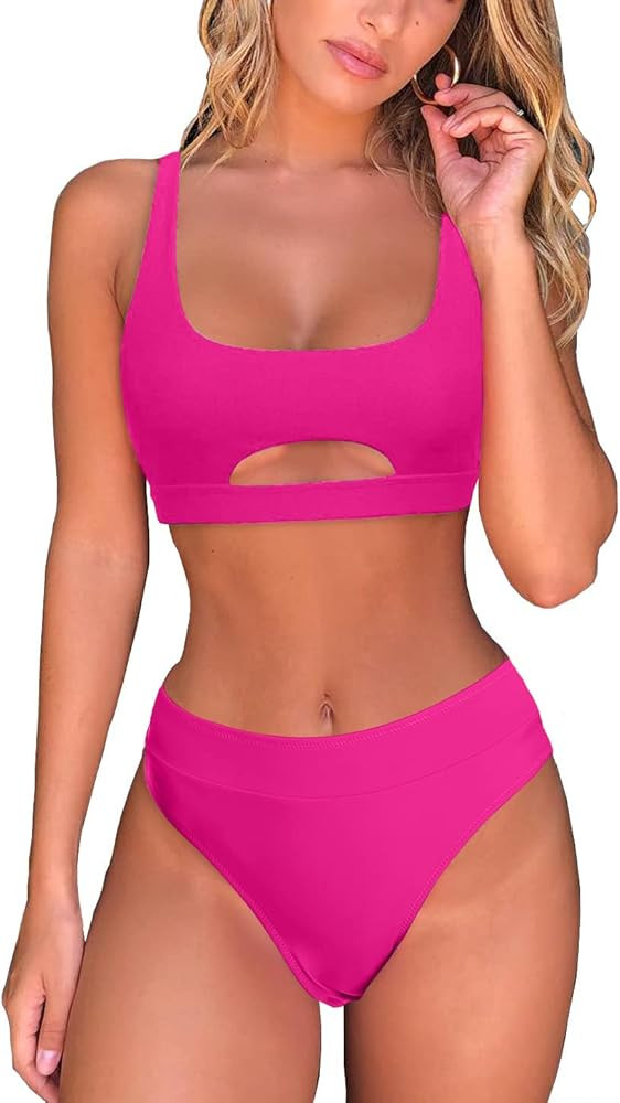 Womens Cutout High Waisted Swimsuits Sport Crop Top High Cut Bathing Suits Scoop Neck Push Up 2 Piec | Amazon (US)