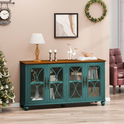 Okak Antique Style 4-Door Sideboard Buffet Cabinet, Wooden Storage Cabinet with Tempered Glass Door for Kitchen Dining/Living Room Hallway, Green | Target