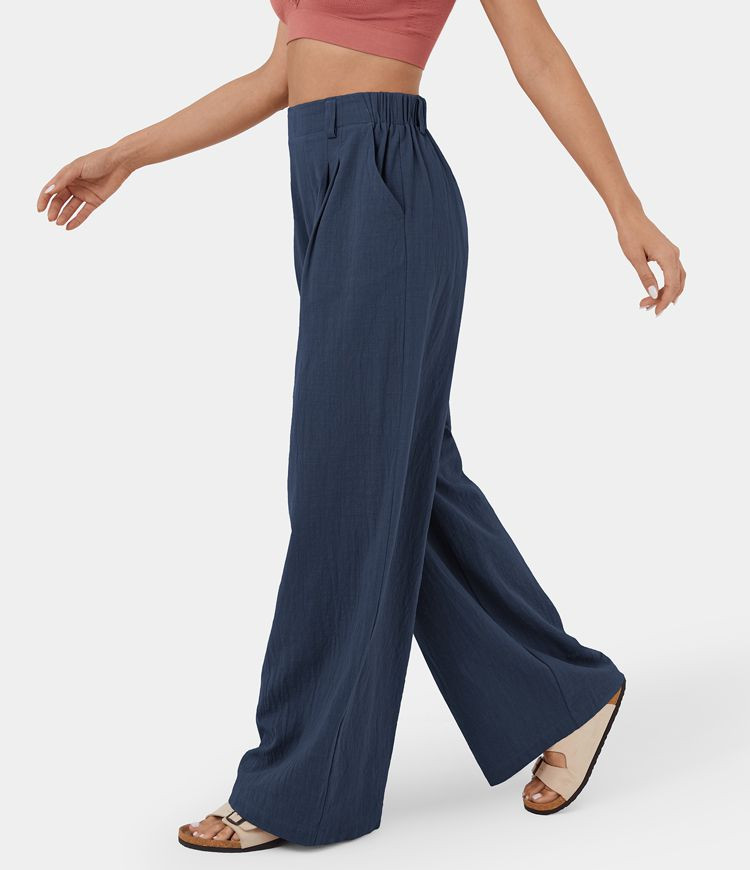 Women’s High Waisted Plicated Side Pocket Wide Leg Flowy Solid Palazzo Casual Cotton Pants - HA... | HALARA