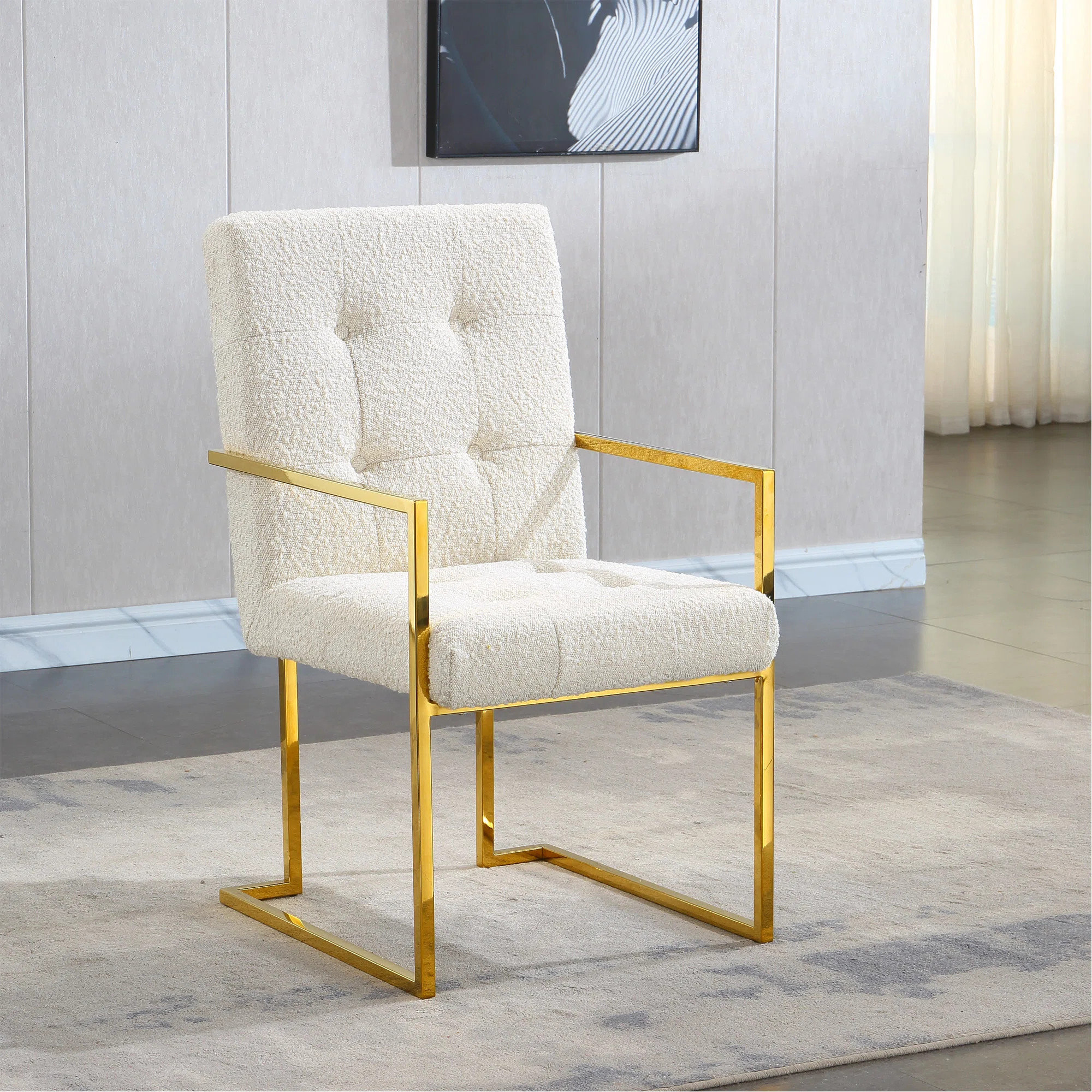 Modern Linen Dining Chair Set Of 1, Tufted Design And Gold Finish Stainless Base | Wayfair North America
