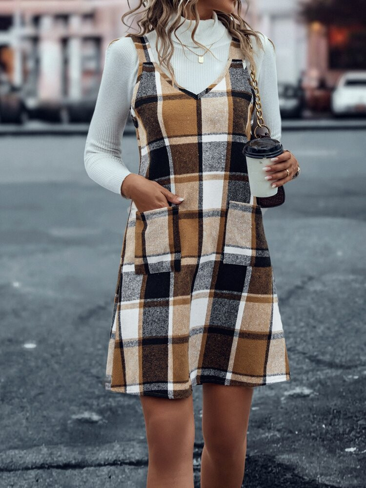 New
     
      Plaid Print Dual Pocket Overall Dress Without Sweater | SHEIN