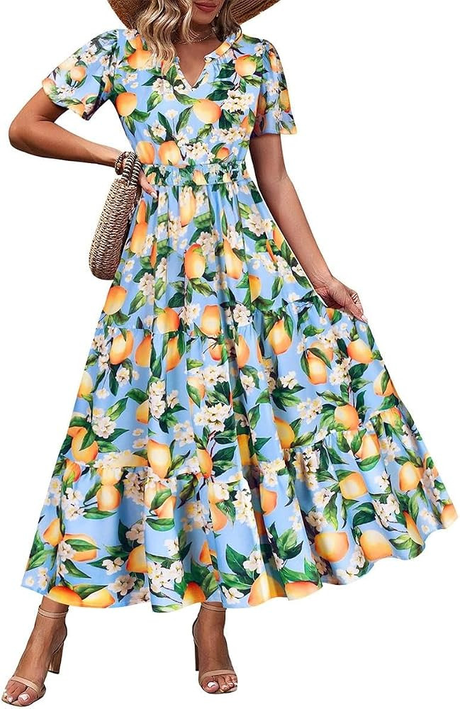 TIYOMI Women Plus Size Dress Boho V Neck Short Sleeve Beach Maxi Dresses Floral/Stripe/Leaves/Lem... | Amazon (US)