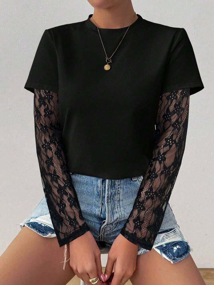 Chiquease See-Through Lace Sleeve Solid Color Round Neck Long Sleeve T-Shirt Fall Cloth For Women | SHEIN