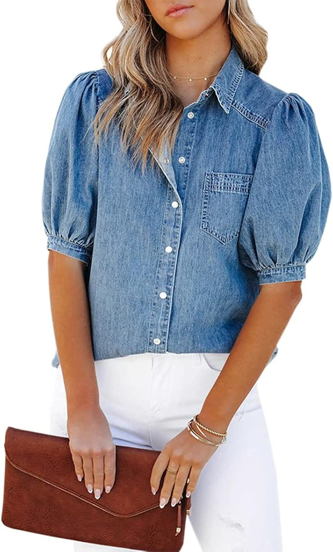 Denim Shirts for Women Trendy Short Sleeve Lapel Lightweight Chambray Shirt Tops | Amazon (US)