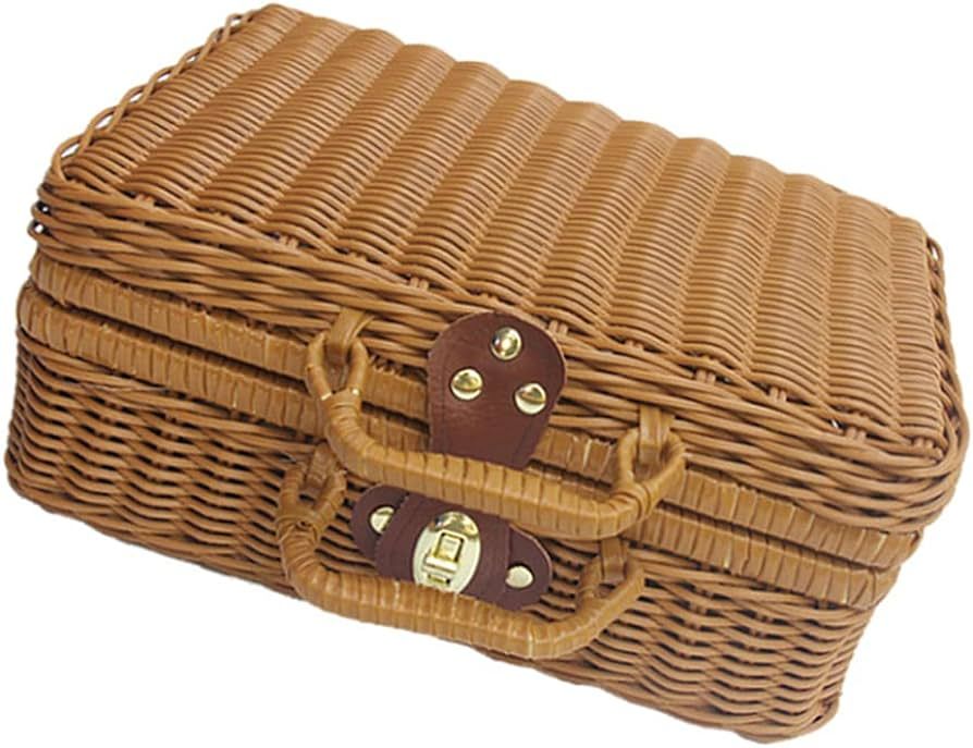 Cabilock Retro Wicker Suitcase Vintage Suitcase Bag Wicker Picnic Basket Rattan Box Travel Suitca... | Amazon (US)