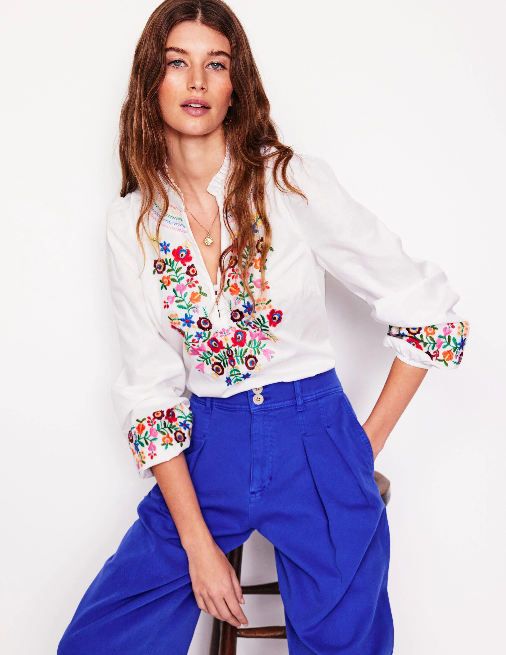 Embroidered Cotton Top-White, Multi Embroidery | Boden UK