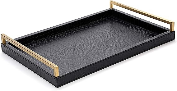 WV Serving Tray Faux Black Crocodile Leather with Brushed Gold Stainless Steel Handle (Black and ... | Amazon (US)