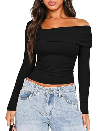 Ziesexy Off The Shoulder Top Long Sleeve Going Out Tops Sexy Spring Ruched Slim Fitted Shirt Asymmetrical Tops for Women Black | Amazon (US)