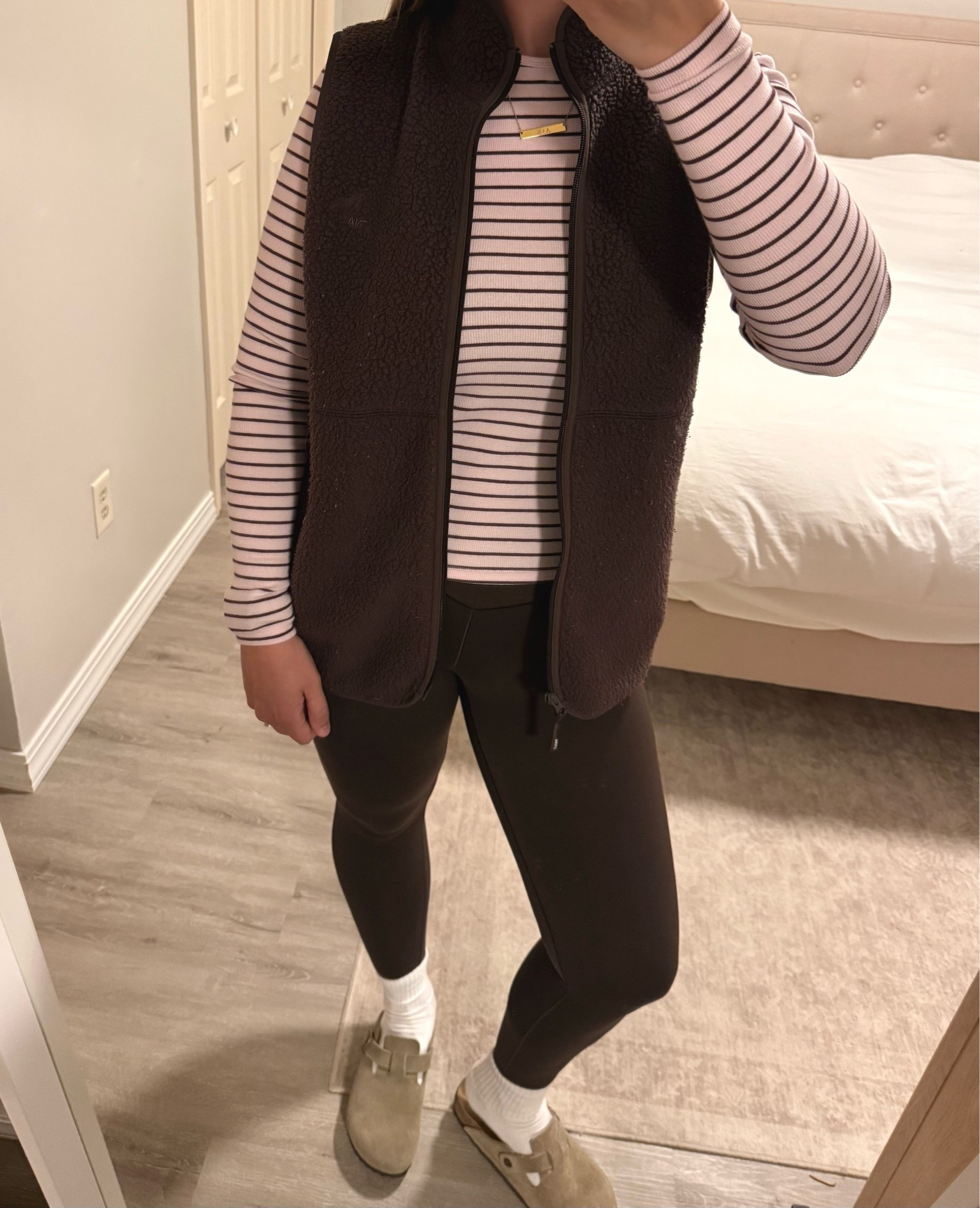 Vest + striped shirt + leggings 
Size medium in everything

#aritzia #vest #cozy #comfy #falloutfit #stripes #outfitinspo #outfitidea #fallaesthetic #brown #fleece #polartec

#LTKootd #LTKSeasonal #LTKMidsize