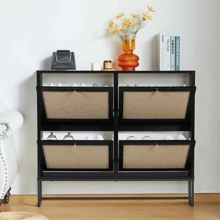 Giratree Shoe Cabinet with 4 Flip Drawers, Narrow Shoe Storage Cabinet for Entryway, Black - Walm... | Walmart (US)