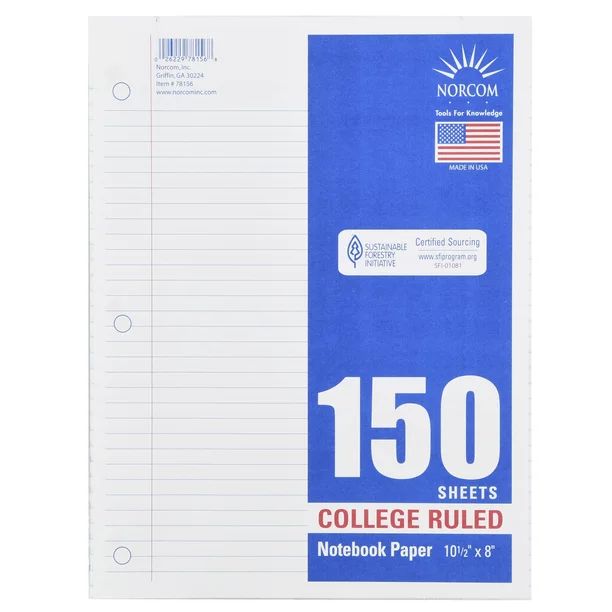 Norcom Filler Paper, College Ruled, 150 Pages, 8" x 10.5", 78156 | Walmart (US)