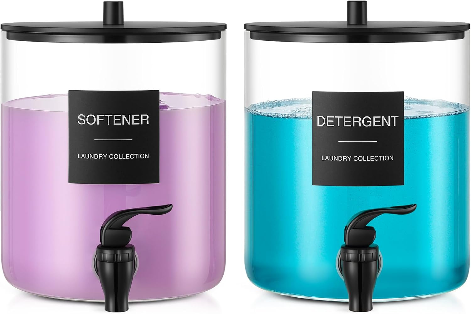 Glass Laundry Detergent Dispenser, 128 oz / 3.5L Fabric Softener Dispenser for Laundry Room Organization, Detergent Holder with Plastic Spigot (Black, 2 Pack) | Amazon (US)