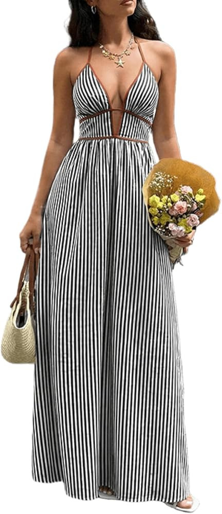 Women Striped Halter Maxi Dress Smocked Backless Deep V Neck Long Dresses Summer Boho Cocktail Be... | Amazon (US)