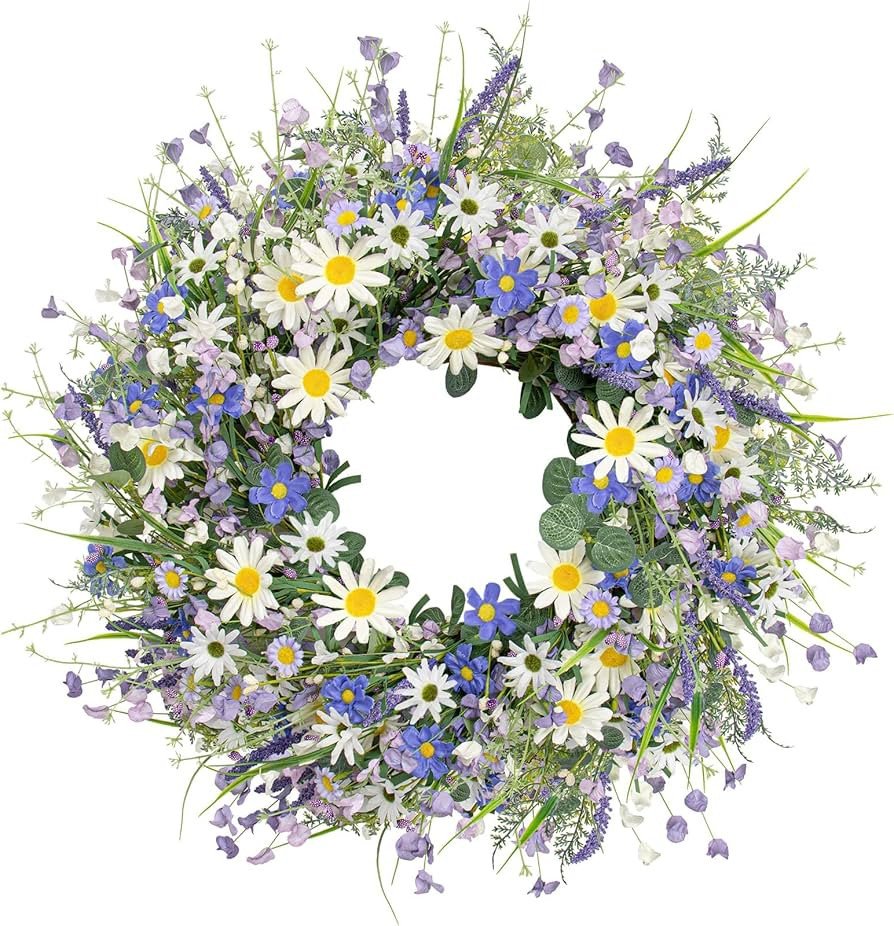 22 Inches Spring Wreaths for Front Door Blue Spring Door Wreath Summer Floral Wreath with Wildflo... | Amazon (US)