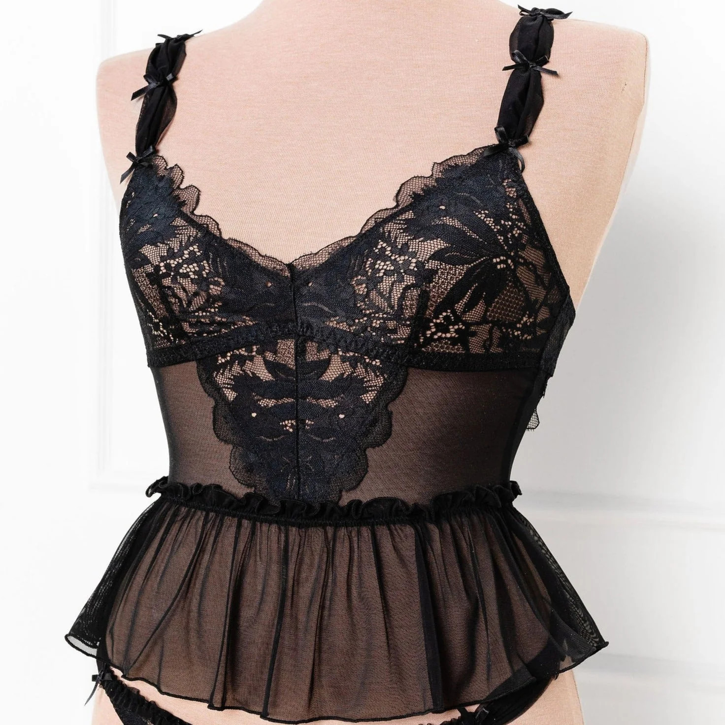Lace & Mesh Peplum Corset - Black | Mentionables