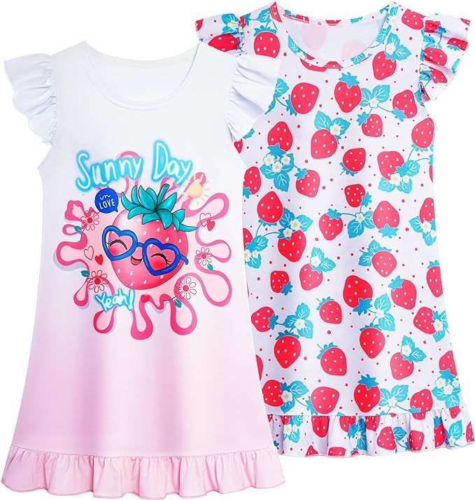 LQSZ 2Pcs Girls Nightgowns 3-10 Years Flutter Short Sleeves Nightdress Nightie Dress Sleepwear Pa... | Amazon (US)