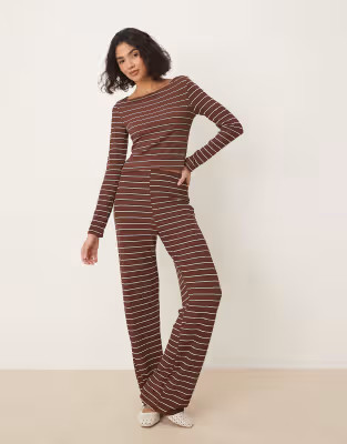 ASOS DESIGN co-ord boat neck top in chocolate stripe | ASOS (Global)