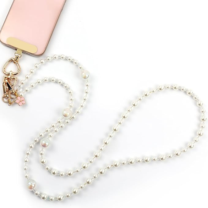 White Pearl Phone Lanyard Crossbody Strap, Crystal Beaded Cell Phone Chain | Amazon (US)