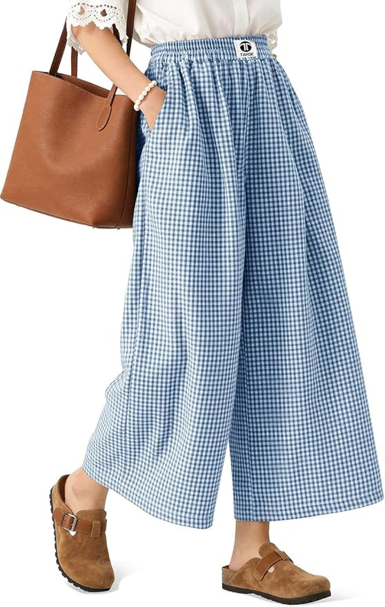 TARSE Womens Gingham Wide Leg Linen Capri Pants Casual Loose Plaid Culottes Elastic Waist Palazzo... | Amazon (US)