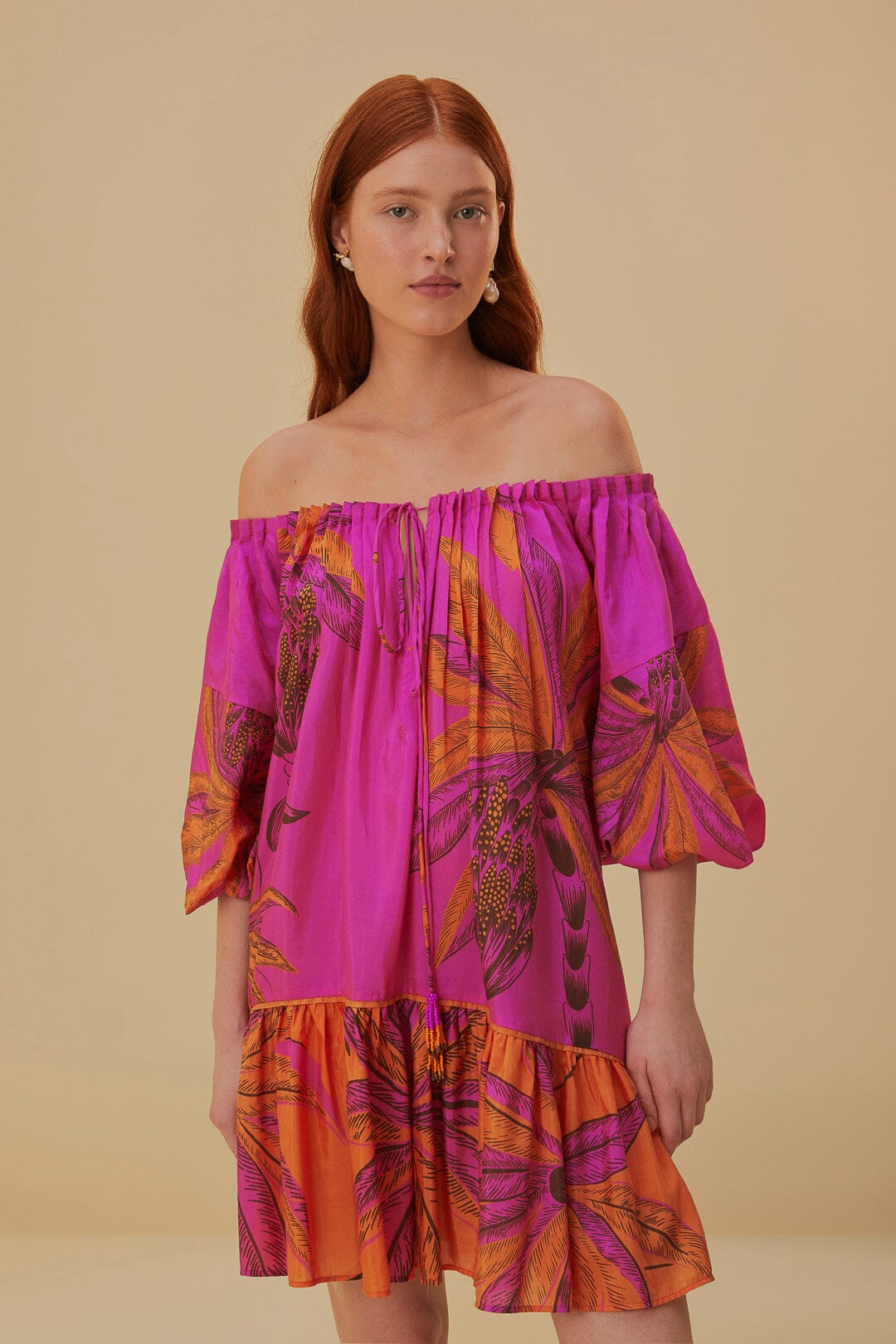 Beach Forest Pink Off The Shoulder Mini Dress | FarmRio (US)