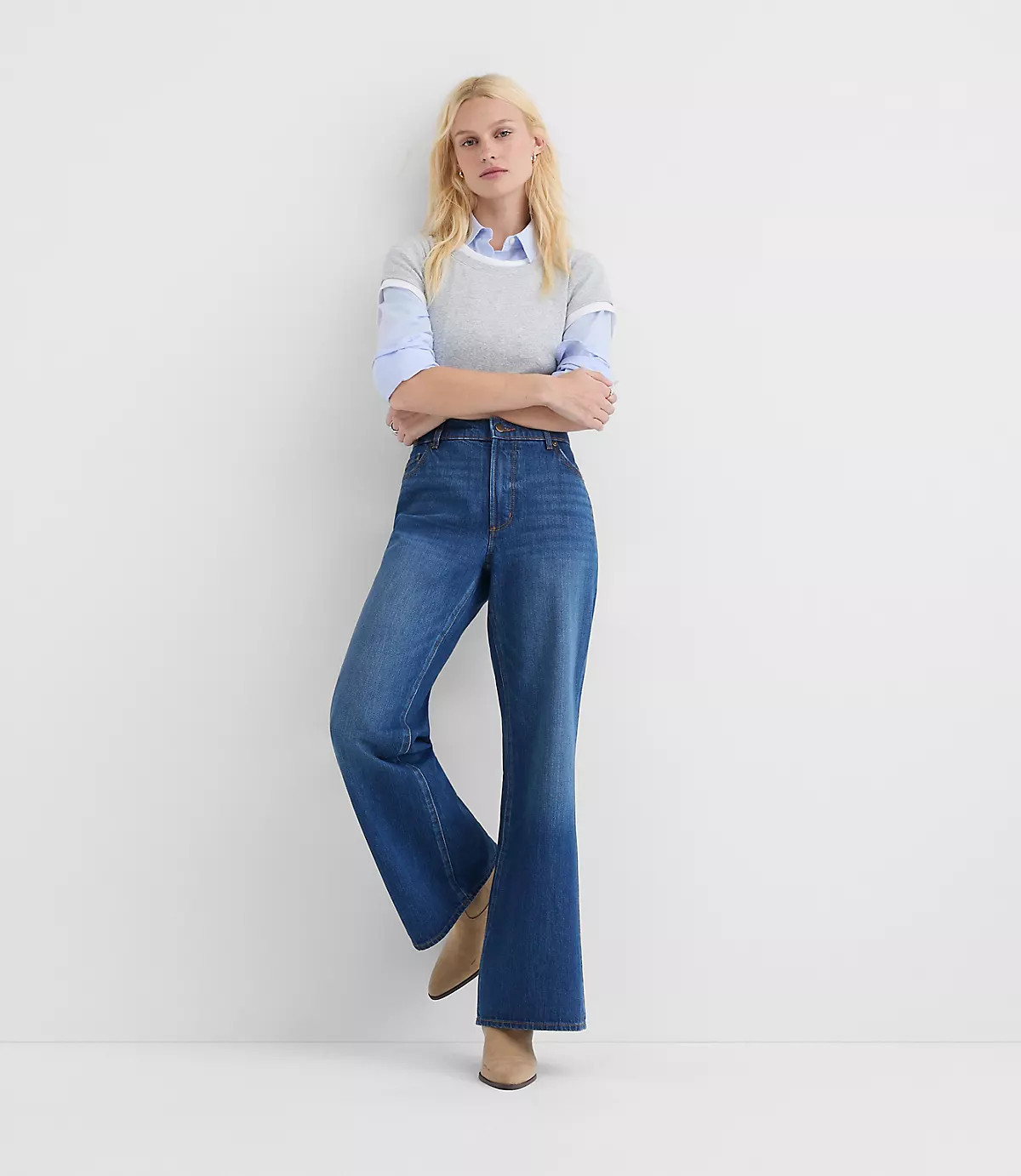 Rivete Mid Rise Relaxed Flare Jeans in Vintage Dark Wash | LOFT