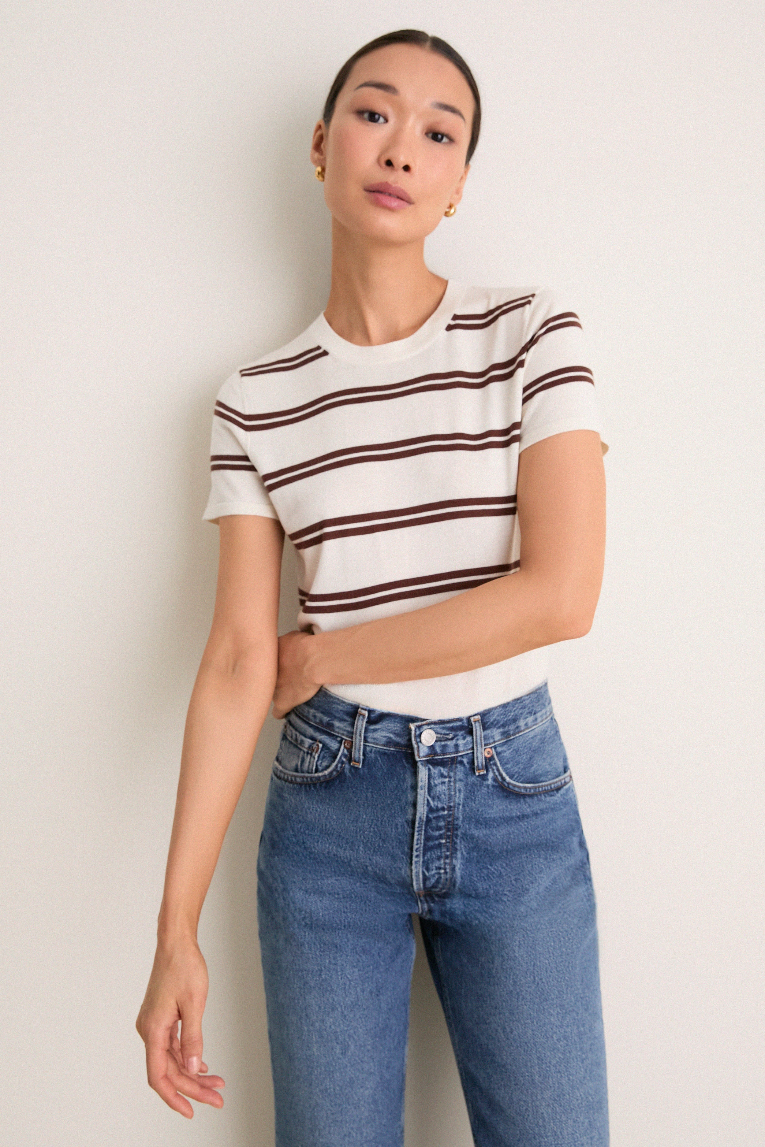 Ivory and Mocha Stripe Cashmere Silk Katie Tee | Tuckernuck (US)