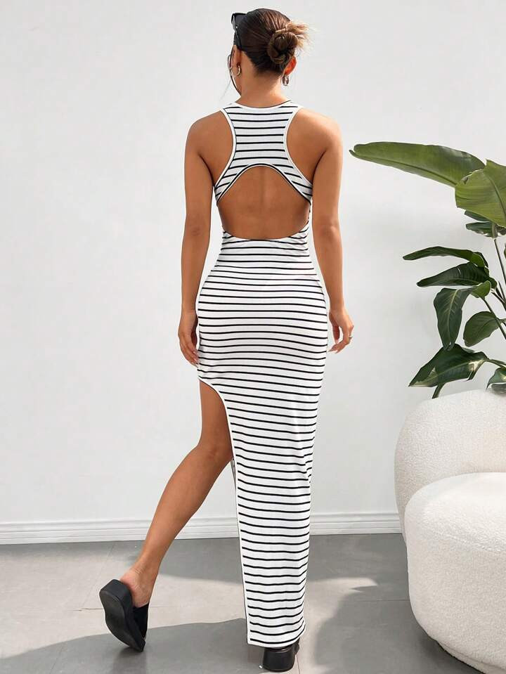 SHEIN EZwear Women's Fashionable Black And White Striped Knitted Sleeveless Bodycon Slit Dress | SHEIN