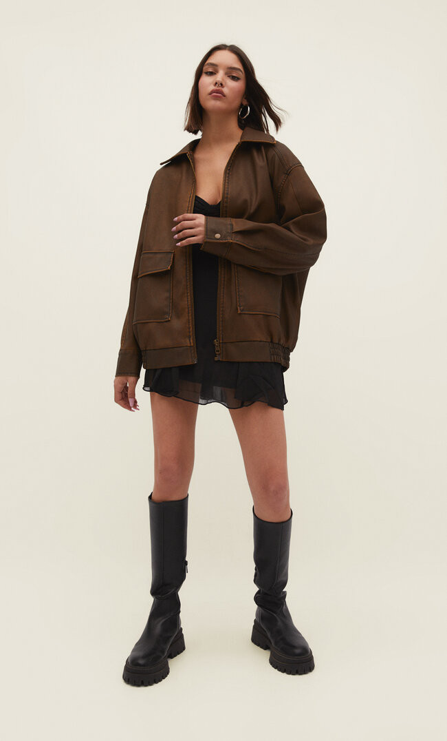 Faded oversized faux leather bomber jacket | Stradivarius (UK)