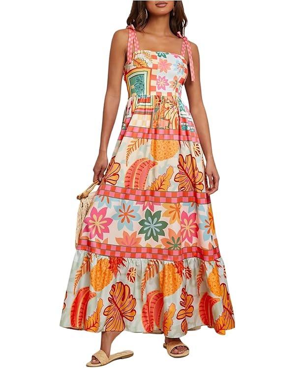 WDIRARA Women's Boho Floral Sleeveless Ruffle Maxi Dress Tropical Graphic Tie Shoulder Smocked Ca... | Amazon (US)