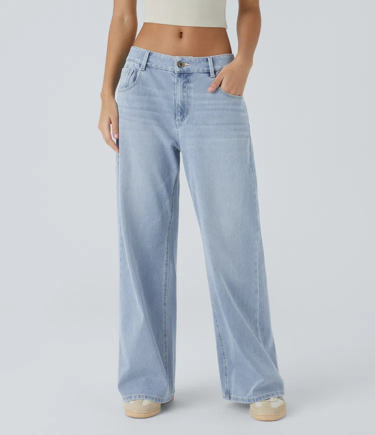Halara Flex™ Low Rise Zipper Pockets Washed Baggy Wide Leg Casual Jeans | HALARA